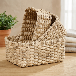 Panier de rangement rectangulaire en rotin naturel 3 en 1 - Organisateur artisanal écologique pour la décoration de la maison - Product Image 1