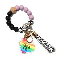 Bracelet porte-clés léopard par sublimation, personnalisable par transfert thermique, avec perles noires et roses et décoration cœur en acrylique