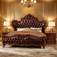 Lit de luxe européen en cuir véritable bordeaux, capitonné, avec tête et pied de lit sculptés en bois, mobilier de chambre à coucher en gros
