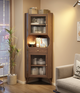 Modern Wood <b>Corner</b> Bookcase With Glass Doors 3 Shelves <b>Storage</b> <b>Unit</b> For Home Office Living Room Furniture - Product Image 2