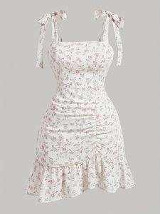 Asymmetrical Backless Lace Floral Print Knee-Length <b>Dress</b> with <b>Spaghetti</b> <b>Strap</b> and Ruffled Hem - Product Image 2