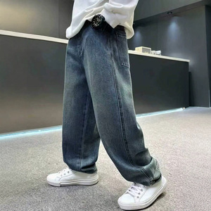 Pantalon en <span class=keywords><strong>jean</strong></span> ample délavé rétro pour enfants, broderie de dessin animé au dos, jeans amples à <span class=keywords><strong>taille</strong></span> élastique pour adolescents, personnalisable - Product Image 3