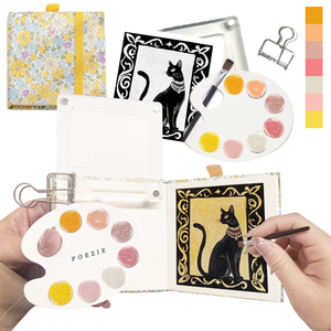 Ensemble de peinture aquarelle nacrée imprimé lapin pour enfants, carnet de croquis compact de voyage, 8 couleurs scintillantes rose et orange, jouet artistique portable - Product Image 1