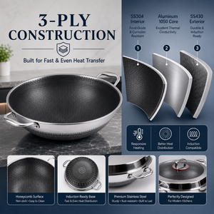 Wok Hybride Antiadhésif Double Face Nid d'Abeille en Acier Inoxydable Grande Taille 36cm 42cm, Compatible Induction, avec Couvercle en Verre - Product Image 2