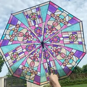 Neues Design Retro Palace Style Glasmalerei Lang griff Automatisch gerade INS Auto Open Transparenter Regenschirm