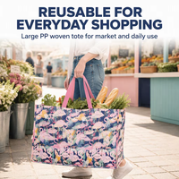Grand sac fourre-tout en PP tissé avec poignées en sangle rose et imprimé flamant rose, réutilisable pour les courses quotidiennes et la visite du marché