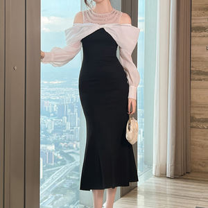 ZYHT 51100 donna manica lunga con spalle scoperte strass Party abito <span class=keywords><strong>Midi</strong></span> moda coda di pesce formale eleganti abiti neri - Product Image 1