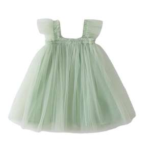 Robe trapèze personnalisable pour filles, nouvelle collection été 2026, en tissu peigné uni, avec petites manches volantées, bretelles, style princesse, bouffante, longueur genou et volants - Product Image 2