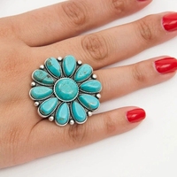 Bague ouverte unisexe en alliage plaqué argent, motif fleurs bleu turquoise, style vintage bohème, pour déclaration de style, fiançailles, mariage, cadeau, 2026