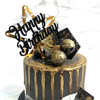 Décoration de gâteau d'anniversaire en forme d'étoile à cinq branches en acrylique or et noir, style double couche, pour gâteau d'anniversaire