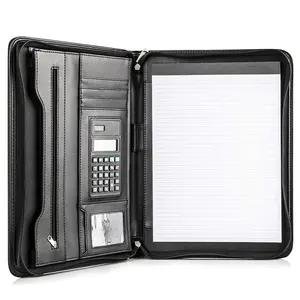 Customized With Zipper PU Leather Business Padfolio Organizer Presentation Slot Solar Calculator Card Storage Folder