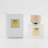 Vente en gros de flacons de parfum en verre de 30 ml, 50 ml, 100 ml, design rond givré transparent avec vaporisateur à fine brume et bouchon aspect bois
