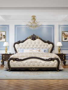 Luxury Upholstered King Size Bed, Classic Carved Solid Wood Double Bed Frame for Bedroom Furniture - Product Image 5