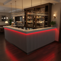 Comptoir de bar en forme de L moderne sur mesure avec éclairage décoratif RGB, dessus en Corian blanc, haut de gamme, pour restaurant, hôtel, bar à domicile