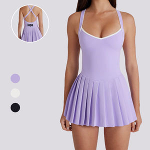 批发<span class=keywords><strong>2</strong></span>合1撞色裸色感交叉背带女式百褶网球裙 - Product Image 1