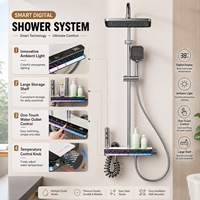 Ensemble de douche thermostatique mural en laiton avec affichage numérique, commande à touches piano, mitigeur pluie et cascade, et système de jets de massage