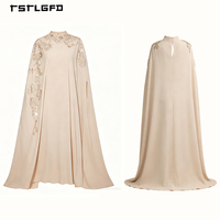 Robe Abaya Musulmane de Luxe en Coton Beige avec Broderie Florale et Strass, Élégante, Sans Manches, Col Montant, Modeste et Respirante pour l'Automne