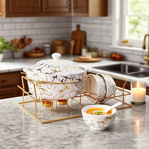 <span class=keywords><strong>Ensemble</strong></span> de marmites à soupe en céramique de luxe moderne, <span class=keywords><strong>soupière</strong></span> en porcelaine de restaurant avec couvercle et support - Product Image 5