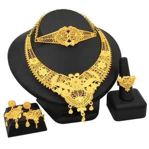 Dubai 24K gold plated flower necklace bracelet pendant earrings rings set wedding set for Indian bridal