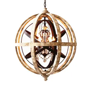 Lampu gantung antik Globe kayu lapuk pedesaan lampu langit-langit kristal logam, sedang