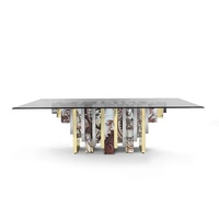 Table à manger en verre trempé artistique de qualité supérieure, base en bois peinte à la main, table de luxe moderne de grande taille pour appartement et villa haut de gamme