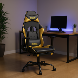 Silla de Juego de Piel Sintética Negra y Dorada con Asiento de Espuma y Madera Contrachapada Metálica, Duradera y Elegante para Gamers - Product Image 2