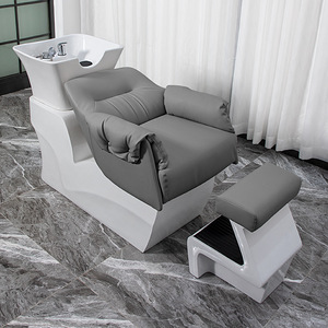 HICOMED <span class=keywords><strong>Fauteuil</strong></span> de lavage électronique pour salon de coiffure en cuir gris et coque blanche, lit de massage pour shampoing avec repose-pieds - Product Image 3