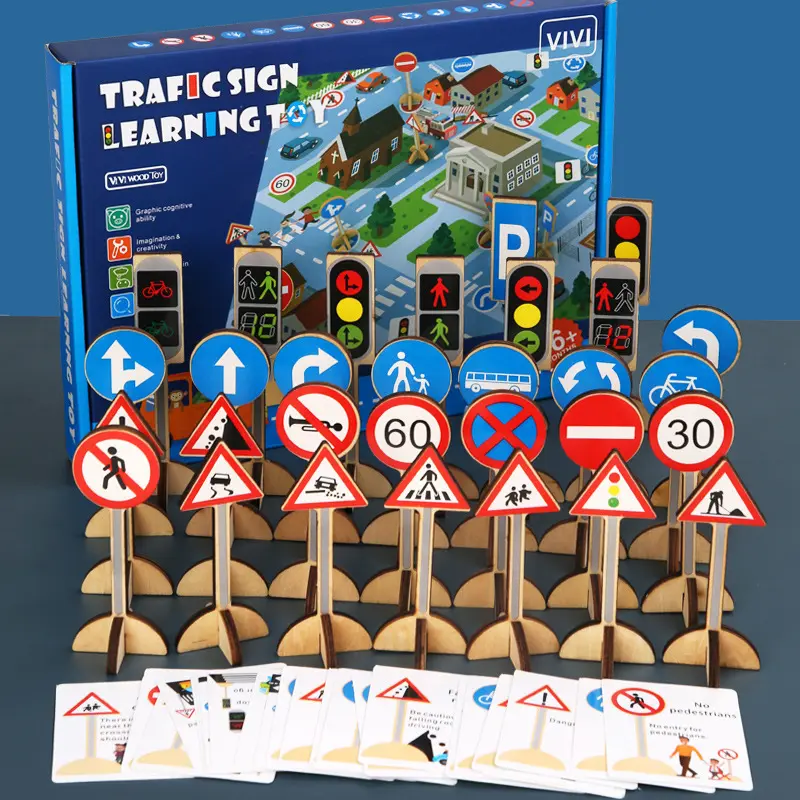 बच्चों के प्रारंभिक शिक्षा के संज्ञानात्मक खिलौना लकड़ी यातायात संकेत सीखने खिलौना मोंटेसरी शैक्षिक बच्चों के लकड़ी के खिलौने
