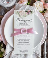 Menus de mariage bohèmes romantiques, floraux, luxueux, élégants, faits à la main, en papier vélin rose poudré, avec ficelle, cartes d'invitation de mariage glamour