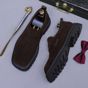 Thick-soled, lightweight, anti-slip suede leather loafers, men's business formal dress shoes with square toe and <b>matte</b> finish - Product Image 5