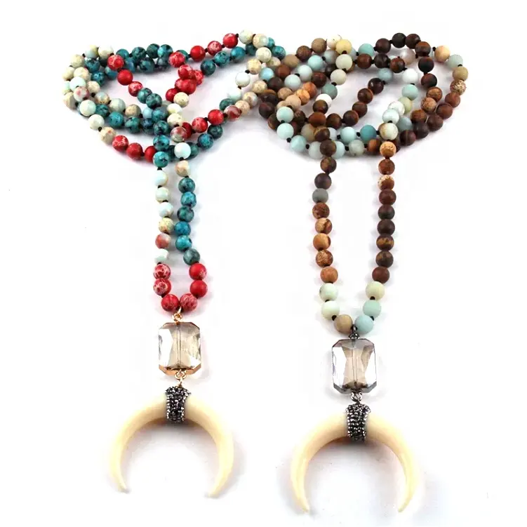 Mode Frauen Kostüm Yoga geknotete Kristall Link 108 Perlen Mala Halskette Crescent Moon Charm Anhänger Halskette
