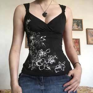 Top de Mujer con Cuello en V, Estampado Floral, Estilo Y2K Retro, Sexy, a la Moda, Tejido con Lazos Cortos - Product Image 1