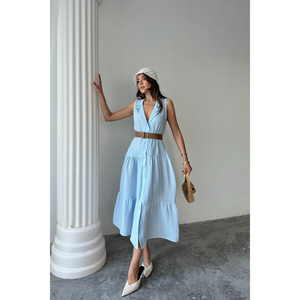 เสื้อเชิ้ตมัสลินแขนกุด คอปก ติดกระดุมด้านหน้า สีฟ้า เสื้อผู้หญิง ไซส์ S - Product Image 5