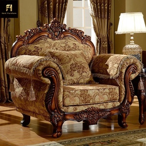 أريكة بنمط أوروبي كلاسيكي عتيق منحوتة من الخشب الصلب وقماش فني، أثاث لغرفة معيشة الفلل بحشوة من الإسفنج - Product Image 5