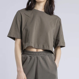 T-shirt court décontracté en toile noir uni pour femme, col rond, manches courtes, coupe classique, style printemps-été - Product Image 1