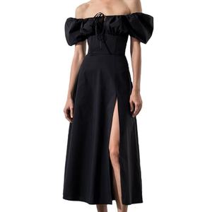 Vestido Midi Francés Personalizado OEM de Alta Calidad para Primavera/Verano, con Hombros Descubiertos, Ajuste Delgado, Sin Mangas, con Abertura de Encaje y Cintura Natural, Ideal para el Día a Día - Product Image 1