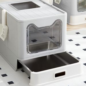 Bac à litière pour chat en métal entièrement fermé, grand format, pliable, avec tiroir amovible, en acier inoxydable, avec couvercle - Product Image 4