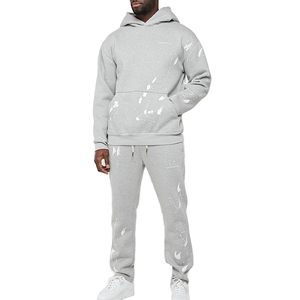 Tuta da uomo oversize <span class=keywords><strong>con</strong></span> <span class=keywords><strong>cappuccio</strong></span> traspirante grigio melange e pantaloni della tuta, personalizzabile <span class=keywords><strong>con</strong></span> logo, set streetwear pesante - Product Image 1