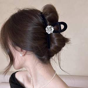 Mode mat gris <span class=keywords><strong>camélia</strong></span> pince à cheveux élégant velours fleur mâchoire griffe poignée pour les femmes 13CM - Product Image 6