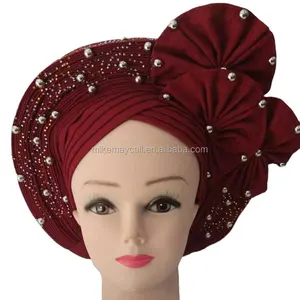 ไนจีเรียงานแต่งงานHeadtie GeleหินASO OKE Ready To Wear African Wraps Aso Oke Geleกับลูกปัด