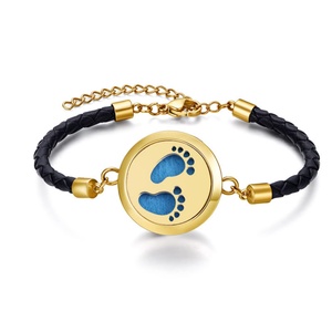 Custom 316L Stainless Steel Jewelry Kids Footprint Classic Essential Oil Diffuser 18K Gold Plated <b>Leather</b> <b>Bracelet</b> Gift - Product Image 3