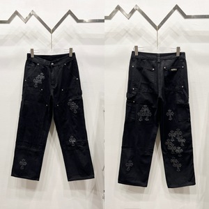 <span class=keywords><strong>Chrome</strong></span> Hearts Jeans en denim taille mi-haute, coupe droite ample, délavé, avec étiquette en cuir en forme de croix, style urbain - Product Image 6