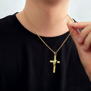 Kalung Liontin Salib Baja Anti Karat dengan Cincin, Gaya Hip Hop untuk Pria Wanita, Rantai Anti Kusam, Perhiasan Grosir - Product Image 2