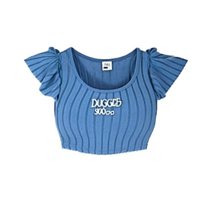 Haut court en tricot rayé bleu à volants, col rond, manches courtes, vêtements décontractés pour femmes, printemps-été - Product Image 1