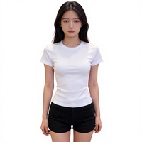 Kaos Wanita OEM Plus Size Rib Knit Katun Kerah Bulat Lengan Pendek Slim Fit Crop Basic Ukuran Besar XXL Berbagai Warna