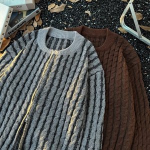 <span class=keywords><strong>Cardigan</strong></span> <span class=keywords><strong>a</strong></span> Righe con Contrasto di Colore, Lavorazione <span class=keywords><strong>a</strong></span> Trecce, Stile Retrò Autunnale per Ragazzi, Maglione Versatile in Poliestere Stile Americano - Product Image 4