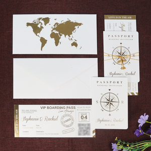 Invitation de passeport en feuille <span class=keywords><strong>d</strong></span>'or blanc de style Ins personnalisé de haute qualité avec <span class=keywords><strong>carte</strong></span> <span class=keywords><strong>d</strong></span>'<span class=keywords><strong>embarquement</strong></span> et avion en métal pour un événement de fête de <span class=keywords><strong>mariage</strong></span> - Product Image 1