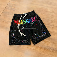 Shorts en jean délavé vintage personnalisés OEM avec logo brodé et strass, déchirés, pour hommes, style décontracté, fabrication streetwear