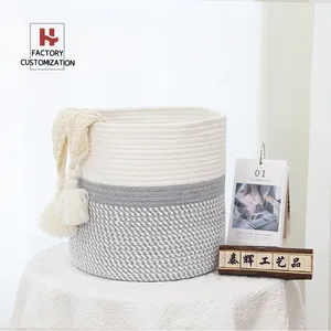 Round Baby Laundry Woven Toy Storage Basket Set Cotton Rope Kids Home Storage Baskets With Long Handles