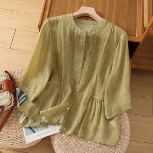 Camisa de lino de manga corta para mujer, color amarillo, corte holgado, transpirable, informal, para verano - Product Image 3